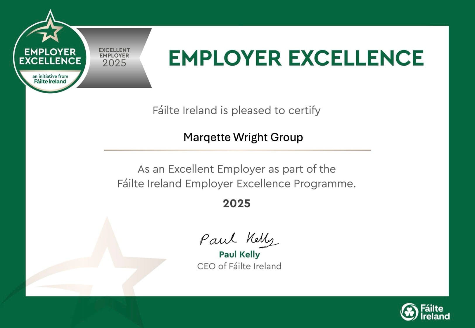 Marqette Employer Excellence Award 2025 Fáilte Ireland